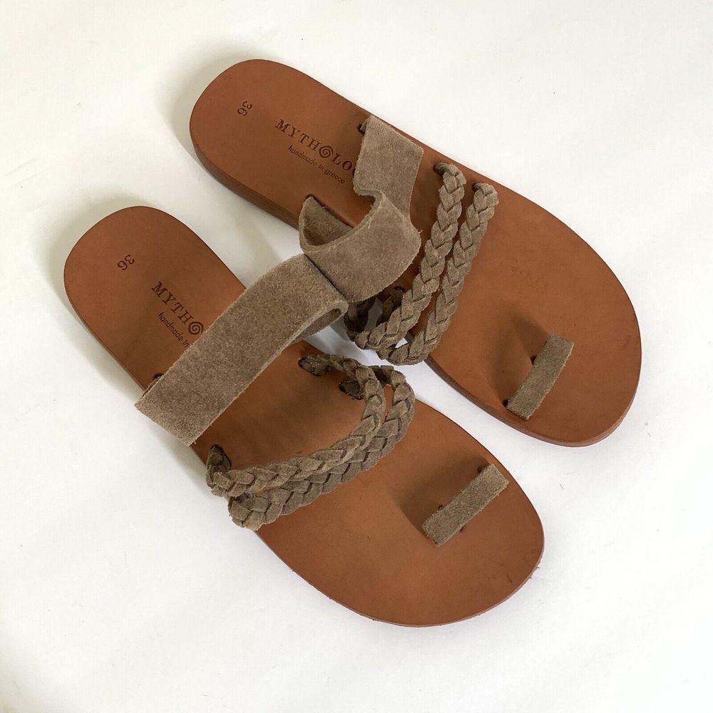 Mythologia Aura Slide Sandals 36 US 6 Tan Suede Braided Toe Ring